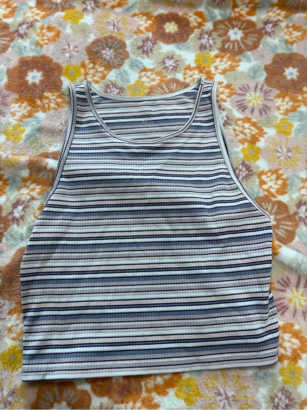 American Eagle Outfitters White and Navy Striped Ribbed Tank